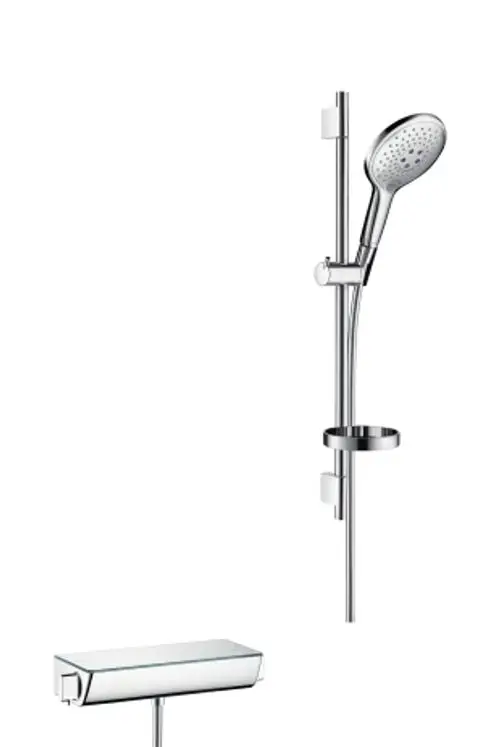 Hansgrohe Duschsystem mit Handbrause, Brausestange und thermostatischer Steuerung, montiert an der Wand. Chromoberfläche.